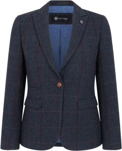 Women's Blazer Tweed Herringbone Checkered Tailored Fit Jacket 14 Navy