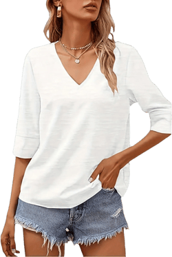 Women's Casual V-Neck Half Sleeve T-Shirt - Soft Heather Gray, Loose Fit, Breathable Polyester Blend, Machine Washable