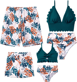 Family Matching Solid Scallop Trim Strappy Two-Piece Swimsuit and Allover Floral Print Swim Trunks Shorts : Clothing, Shoes & Jewelry