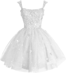 Dessiny Spaghetti Straps 3D Glitter Tulle Homecoming Dresses for Teens Butterfly Short Sequin Quinceanera Dresses DE85 White 28 Plus