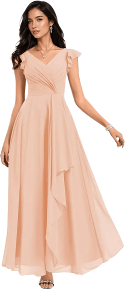Aosadin Women’s V Neck Chiffon Bridesmaid Dresses Flutter Sleeve Ruffle Long Formal Party Dress Blush Pink Us16 : Clothing, Shoes & Jewelry