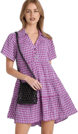 Umgee Full Size Gingham Tiered Button Detail Short Sleeve Dress Plus Size