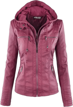 Faux Leather Jacket for Women Biker Jacket with Hood Womens Motorcycle Jacket Large Vivid Burgundy