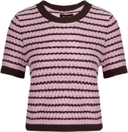 Women's Short Sleeve Sweaters Crewneck Knit Tops Casual Striped 2025 Trendy Soft Summer Blouses Large Lilac Purple