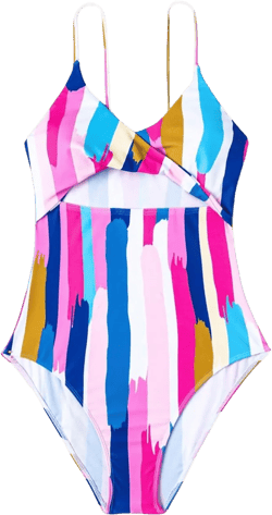 Milumia Girl's One Piece Colorblock Cut Out Swimsuit Rib Knit Bikini Swimsuit Pink Striped 16Y