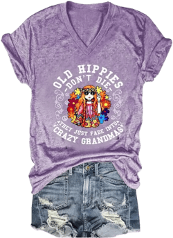 Old Hippies Don't Die Grandma Shirt V Neck Short Sleeve Vintage Fun Graphic Tee Shirts Top Purple Large