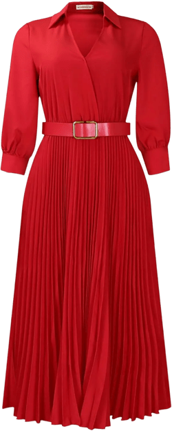 JEYPINMI Women 3/4 Sleeve Pleated Dress with Belt Casual Work Hip Wrap Dress Wedding Cocktail Formal Dress