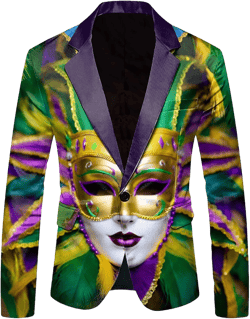 Mardi Gras Suit Jacket for Men Novelty 3D Mask Print Tuxedo Jacket One Button Notched Lapel Blazer for Carnival Party Yellow Large
