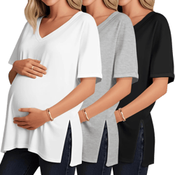 Ficerd 3 Pack Women's Maternity T-Shirts, Loose Split Side Pregnancy Tops Half Sleeve Roll V Neck Casual Oversized Tee Blouse Black, White, Light Gray X-Large