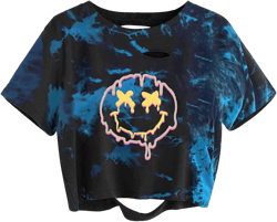 Avanova Women Tie Dye Graphic Ripped Tee Shirt Oversized Short Sleeve Distressed Crop Top