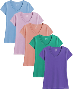 Sexy Basics Women's 5 & 10 Pack Casual & Active Cotton Stretch V Neck Short Sleeve Shirts 5 Pack -Boy Blue, Pink Lavender, Dahlia, Arcadia, Ultra Violet Small