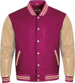 Men's Varsity Letterman Bomber Jacket Wool Body Cream Genuine Leather Sleeves 18 Colors Classic Style 5X-Large Pink