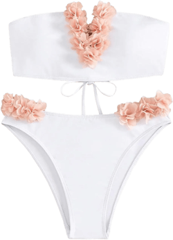 SHENHE Women's 2 Piece Bandeau Bikini Set Strapless Lace Up Appliques Flower Swimsuit X-Large White