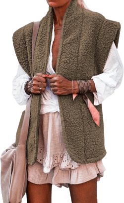 Ladmous Womens Winter Fuzzy Fleece Vest Jacket Sleeveless Vest Coat Open Front Sherpa Cardigan Vest with Pockets