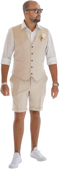 Mens Linen Vest Set Shorts 2025 Fashion Beach Wedding Suits 2 Pieces Outfits Formal Waistcoat Set For Men JXZ025 Large Beige