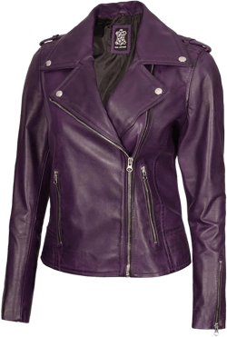 Decrum Leather Jacket Women - Real Lambskin Asymmetrical Style Casual Fashion Leather Jackets For Womens X-Large Kirsten - Purple Leather Jacket Women