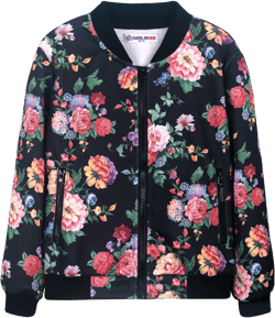 WELAKEN Girls Lightweight Bomber Jacket Floral Print Full Zip Outwear Jacket with Pockets Black 10 Years