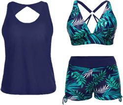 Yonique 3 Piece Tankini Swimsuits for Women Swim Tank Top Bathing Suits with Boy Shorts and Bra Athletic Swimwear Large Navy Blue Green Leaf