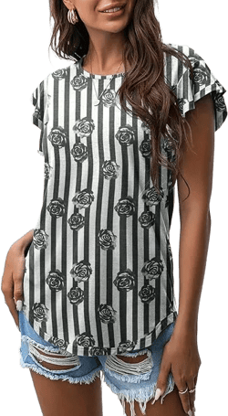 PrinStory Women's Ruffle Tops Summer Casual Short Sleeves Knit Shirts Round Neck Tunic Top for Women 2025 Fashion Trend Large Fp Black Stripe Rose