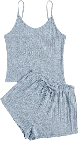 Verdusa Women's 2 Piece Pajama Sets Rib Knit Crop Cami Top and Shorts PJ Set Blue M
