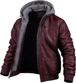 CREATMO US Men's Faux Leather Jacket Motorcycle Jacket Waterproof Windproof PU Moto Vintage Bomber Hoodie with Removable Hood X-Large Wine Red Light