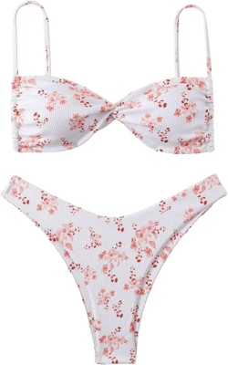MakeMeChic Women's Twist Front 2 Piece Bikini Sets Floral Print Tie Back High Cut Thong Swimsuit Bathing Suit Orange and White Small