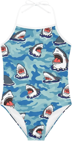 Funny Print Girls Bathing Suit Halter Adjusted One Piece Swimsuits Comfy Slim Fit Summer Girl's Swimwear 7-8 Years Shark Camouflage J