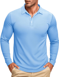 MAGCOMSEN Men's Polo Shirt Long Sleeve Golf Shirts Quick Dry Lightweight 3-Button Performance Work Fishing Athletic Small Sky Blue