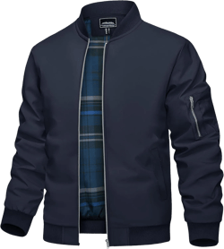 TACVASEN Men's Bomber Jacket Lightweight Windbreaker Plaid Lined Casual Fashion Spring Fall Windproof Zip Up Jacket for Men Navy Medium