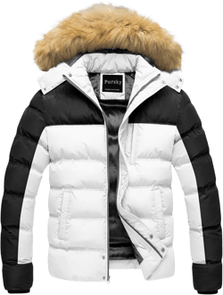 Pursky Men's Puffer Jacket Waterproof Winter Bubble Coats Ski Parka Fur Hooded X-Large Black White