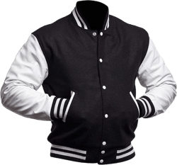 Men's Varsity Jacket Genuine Leather Sleeve Wool Blend Letterman Jacket - High School Baseball Bomber Jackets Medium Black & White - Leather Sleeves