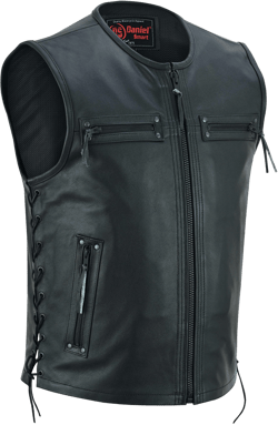 Men's Zipper Front Black Leather Motorcycle Vest