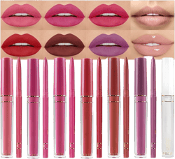 Fit Colors 6Pcs Lip Liner and 6Pcs Matte Liquid Lipstick + 1Pcs Lip Plumper Makeup Set Kit for Women, Nude Pink Rose Brown Red Voilet Purple Lip Stain Gloss Long Lasting Waterproof 24 Hour Lipstick