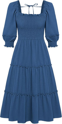JASAMBAC Fall Dresses for Women 2024 Casual Square Neck Smocked High Waist Ruffle Tiered Flowy A Line Midi Dress