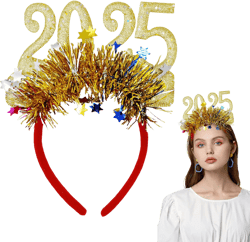 Pvoiue 2025 New Year's Eve Party Headband - Happy New Years Headband - Festive Party Dress Up Hairband, Star and Tinsel Embellishments - New Year's Eve Celebration Accessory 1Pcs Gold