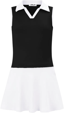 Kids Girls Tennis Golf Dress Outfit Sleeveless Dress with Pockets Athletic Skorts and Polo Tank Top Sets Black & White 11-12Years