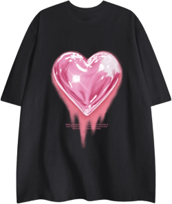 KIEKIECOO Oversized Graphic Tees for Women Cute Shirts for Teens Girls Casual Heart Shirt Men Cotton Tshirts Loose Fit Medium Black