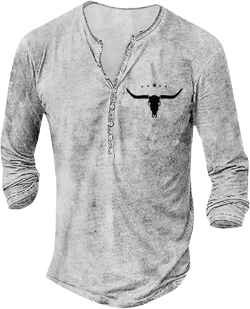 Bengbobar Henley Shirts for Men Retro Long Sleeve Bull Head Print Tee Shirts Casual Button Down Goth Lightweight T-Shirts XX-Large White Bull Head