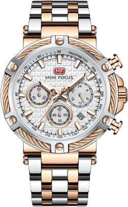 Mini Focus Mens Watches Outdoor Waterproof Sport Chronograph Analog Quartz Wristwatch Men Multifunction Date Luminous Stainless Steel Watches (Silver Rose Gold)