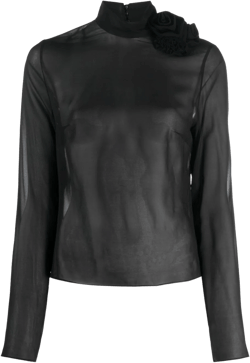 floral-appliqué semi-sheer silk top