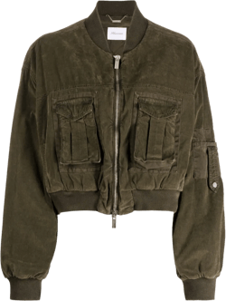 Green Cropped Bomber Jacket With Patch Pockets In Cotton Denim Woman