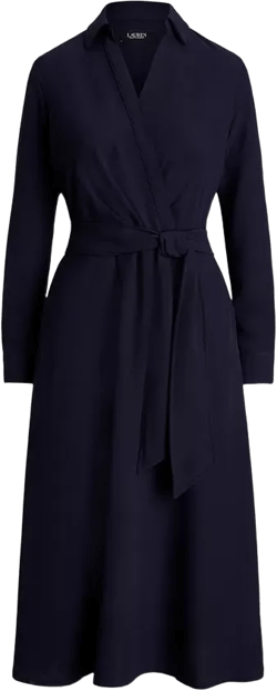 Women's Self-Belt Long-Sleeve Surplice Georgette Midi Dress
