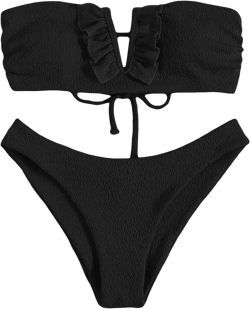 MakeMeChic Women's 2 Piece Bandeau Swimsuit Ruffle Trim Lace Up Bikini Set Strapless Bathing Suits Black S