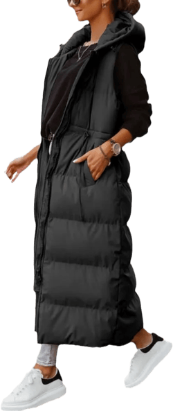 Shanfetl Women's Long Quilted Vest Hooded Maxi Length Sleeveless Puffer Vest Padded Coat Winter Outerwear Large Black