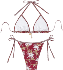 SHENHE Women's 2 Piece Halter Swimsuit Textured Tie Side Triangle Bikini Bathing Suit Floral Print Red Large