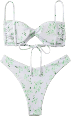 MakeMeChic Women's Twist Front 2 Piece Bikini Sets Floral Print Tie Back High Cut Thong Swimsuit Bathing Suit Green Floral Large