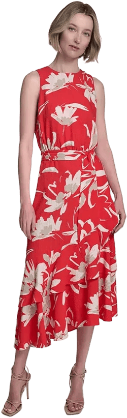 Women's Belted Tiered Asymmetric-Hem Dress