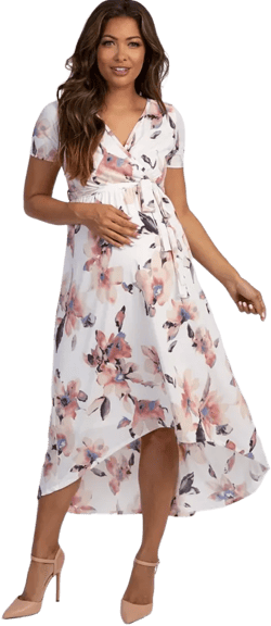 Maternity Ivory Watercolor Floral Hi-Low Wrap Dress