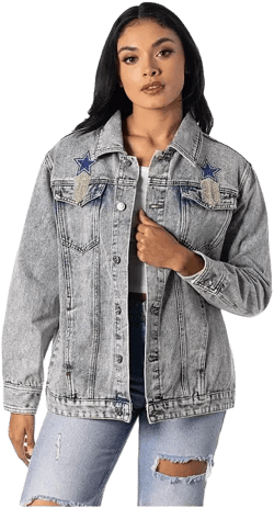 Women's Dallas Cowboys Rhinestone Denim Sequin Fringe Button-Up Jacket