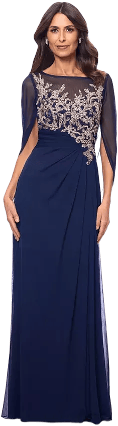 Betsy & Adam Petite Scoop-Neck Cape-Sleeve Embellished Gown